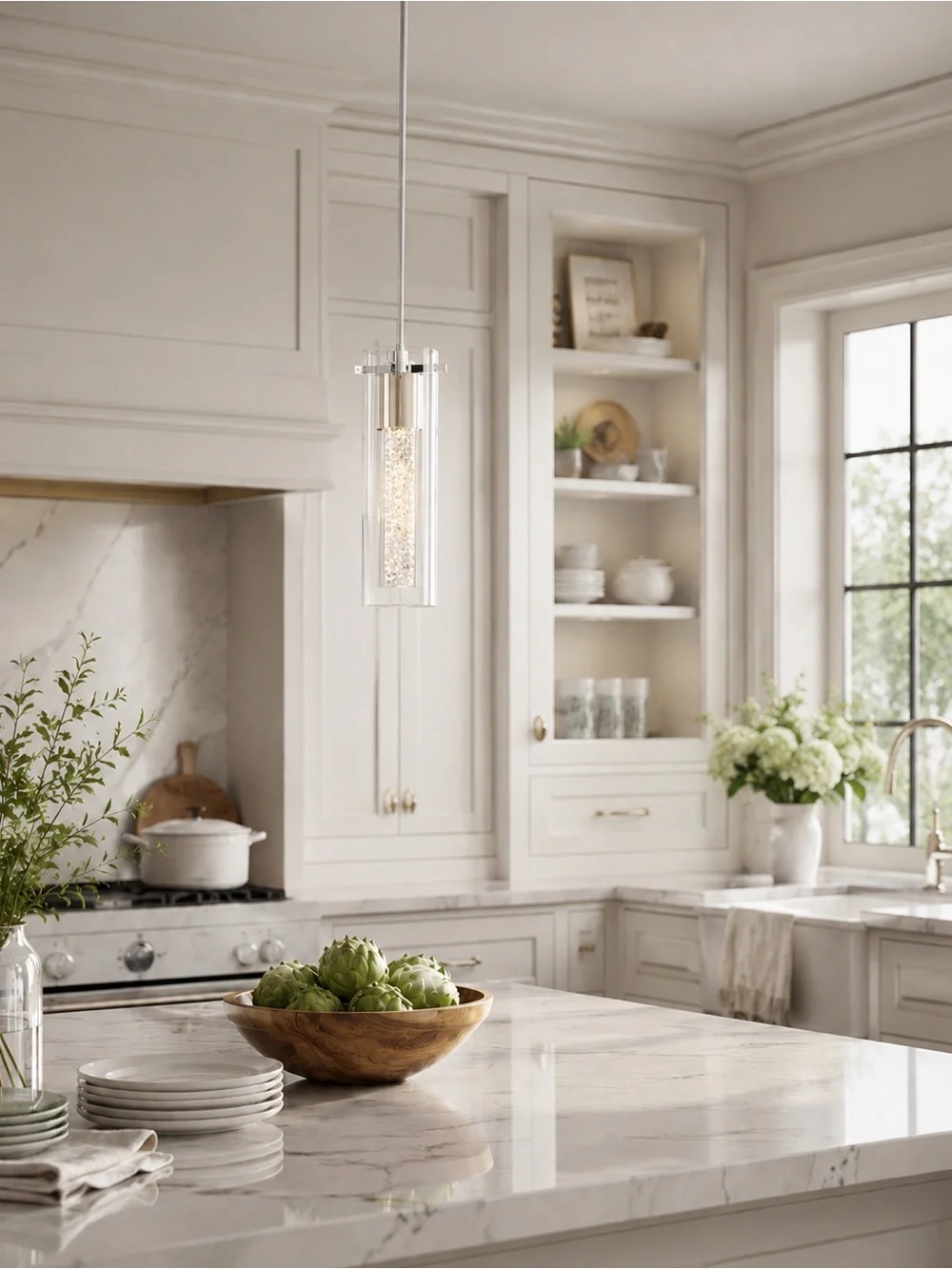Clear Glass and Silver Pendant Light- Modern Kitchen Accent